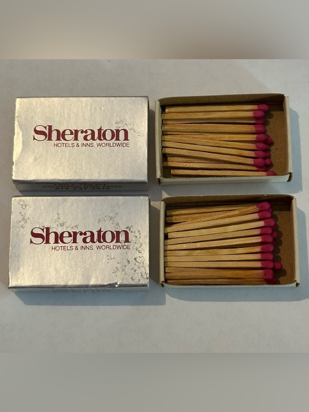 Lot of 2 Vintage Matchbox Sheraton Hotels Inns Columbus OH Ohio USED Silver